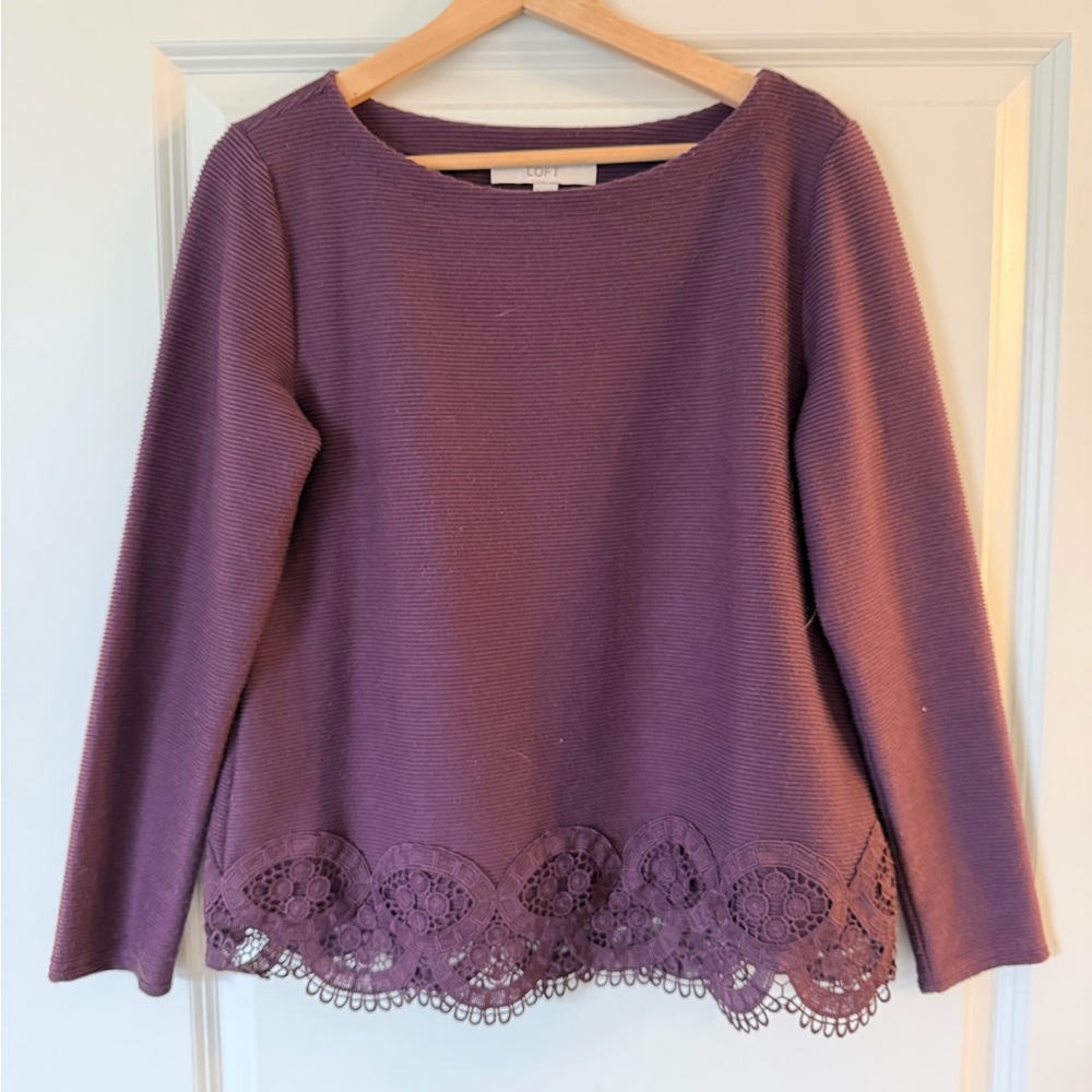 LOFT Purple Long Sleeve Top with Lace Hem